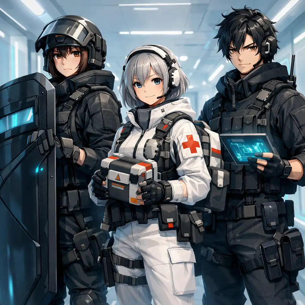 Három eredeti anime stílusú taktikai operátor világos parancsnoki folyosón