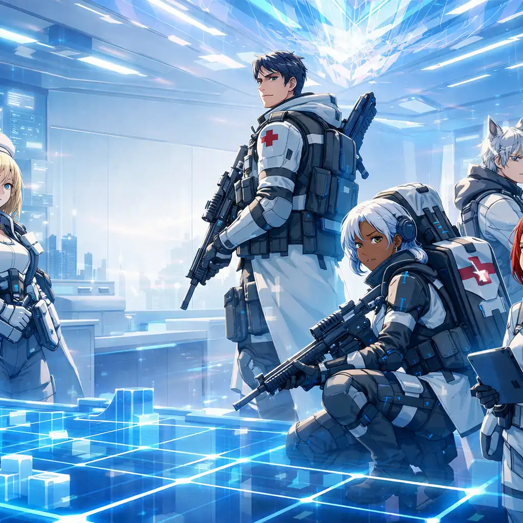 Eredeti anime stílusú operátorcsapat fénylő taktikai harctér mellett